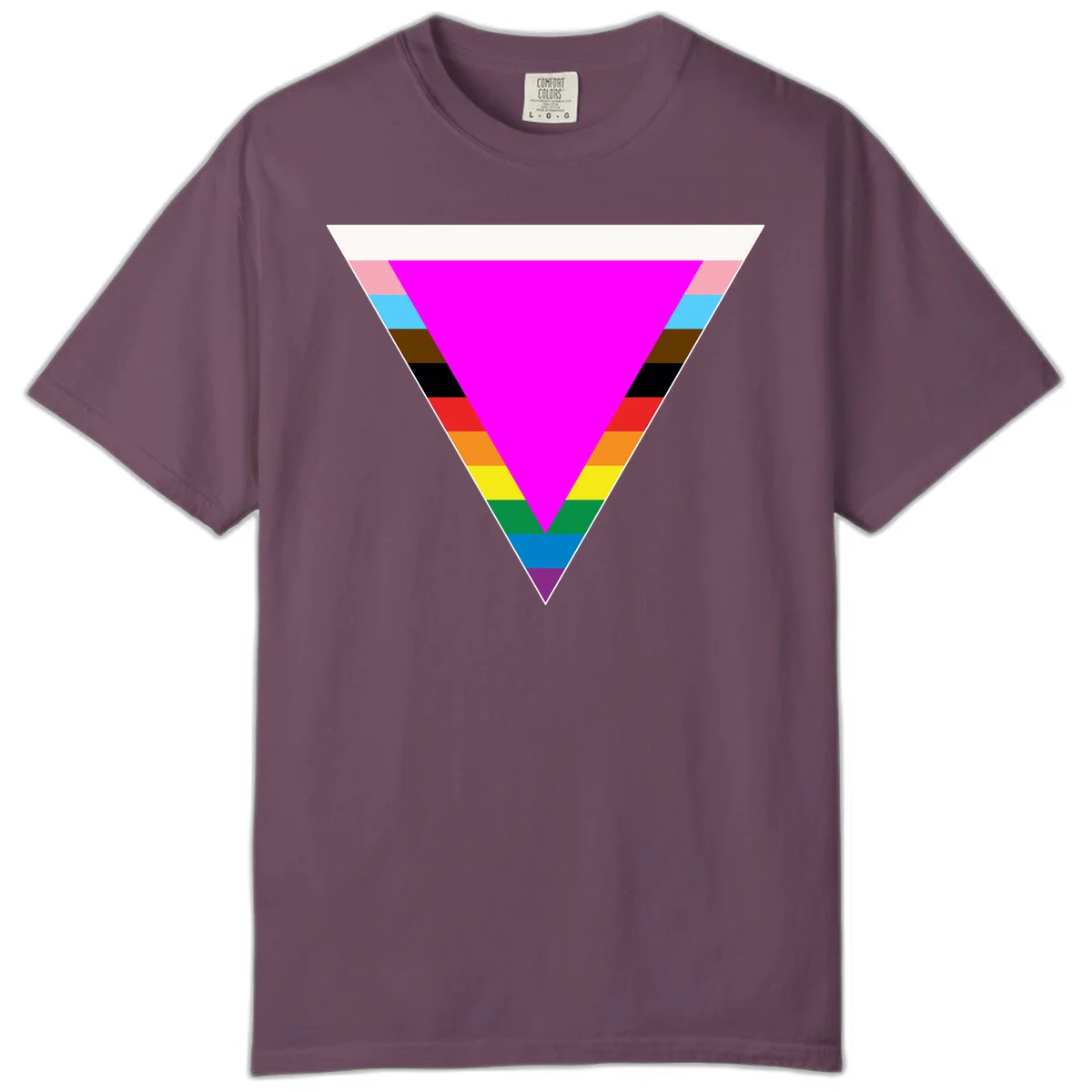 Rainbow pride triangle design featuring a large magenta inverted triangle surrounded by horizontal stripes in pride flag colors in Berry