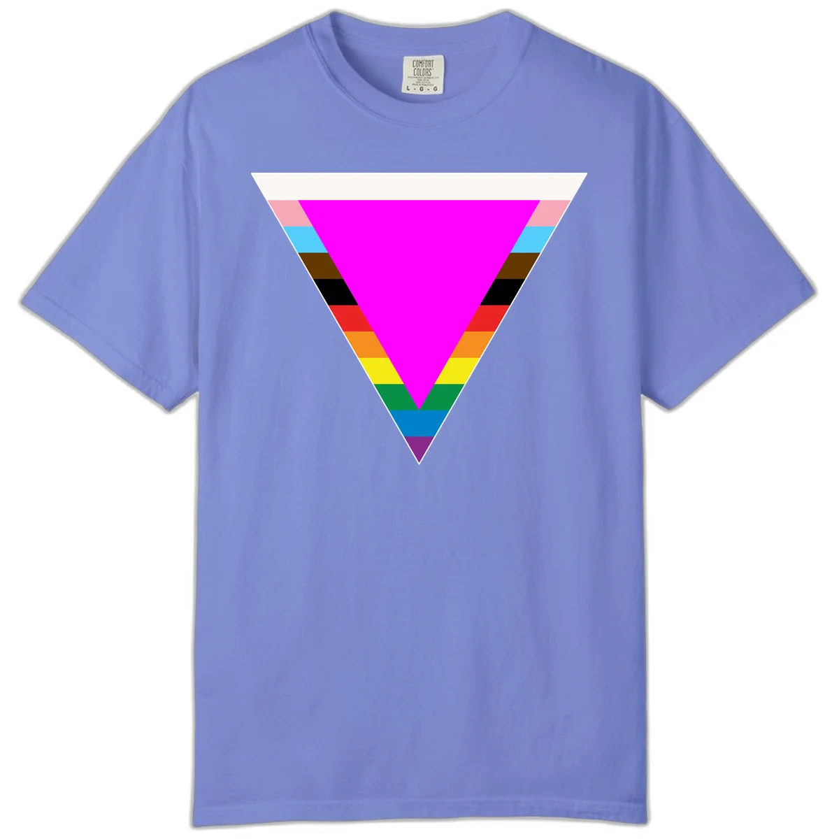 Rainbow pride triangle design featuring a large magenta inverted triangle surrounded by horizontal stripes in pride flag colors in Flo Blue