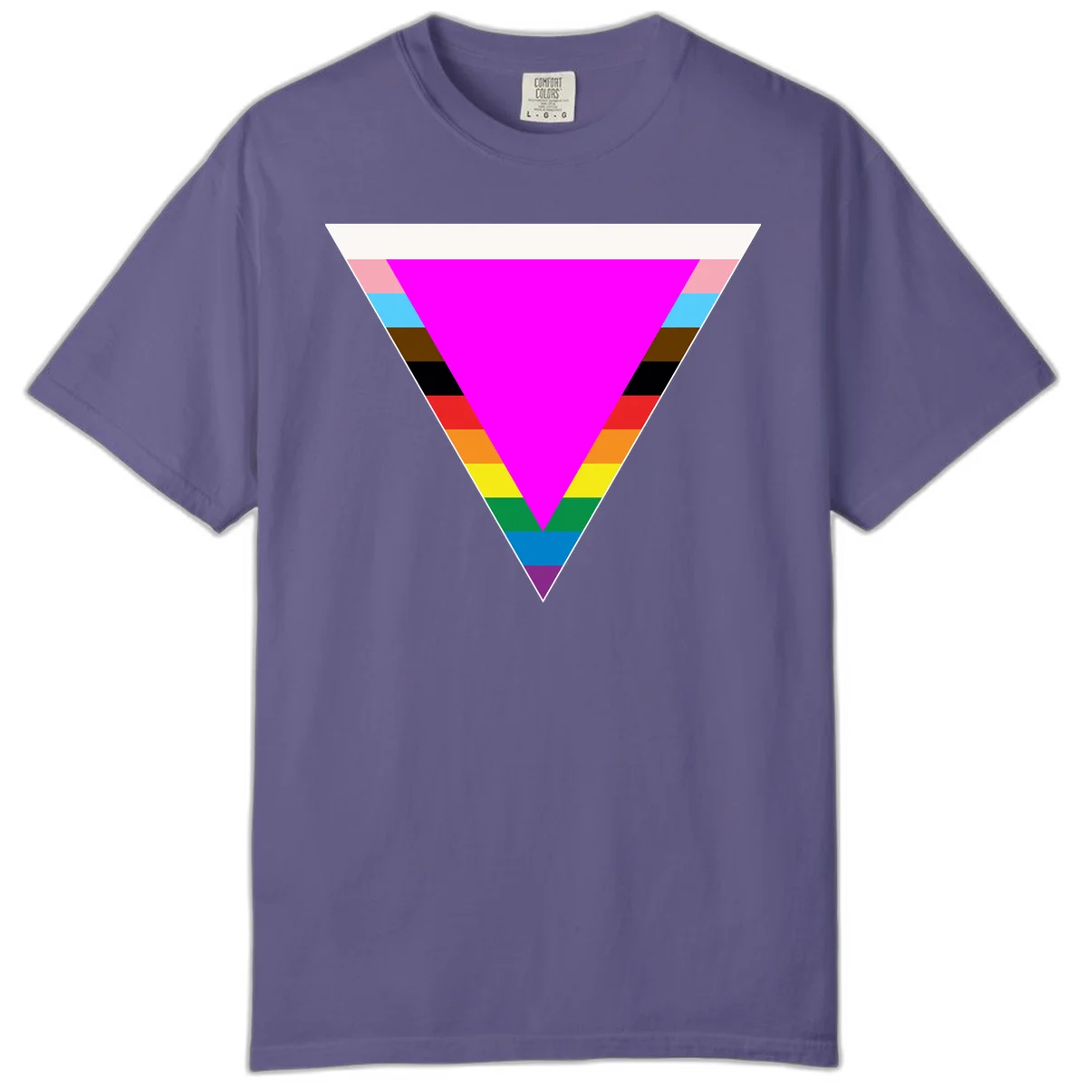 Rainbow pride triangle design featuring a large magenta inverted triangle surrounded by horizontal stripes in pride flag colors in Grape