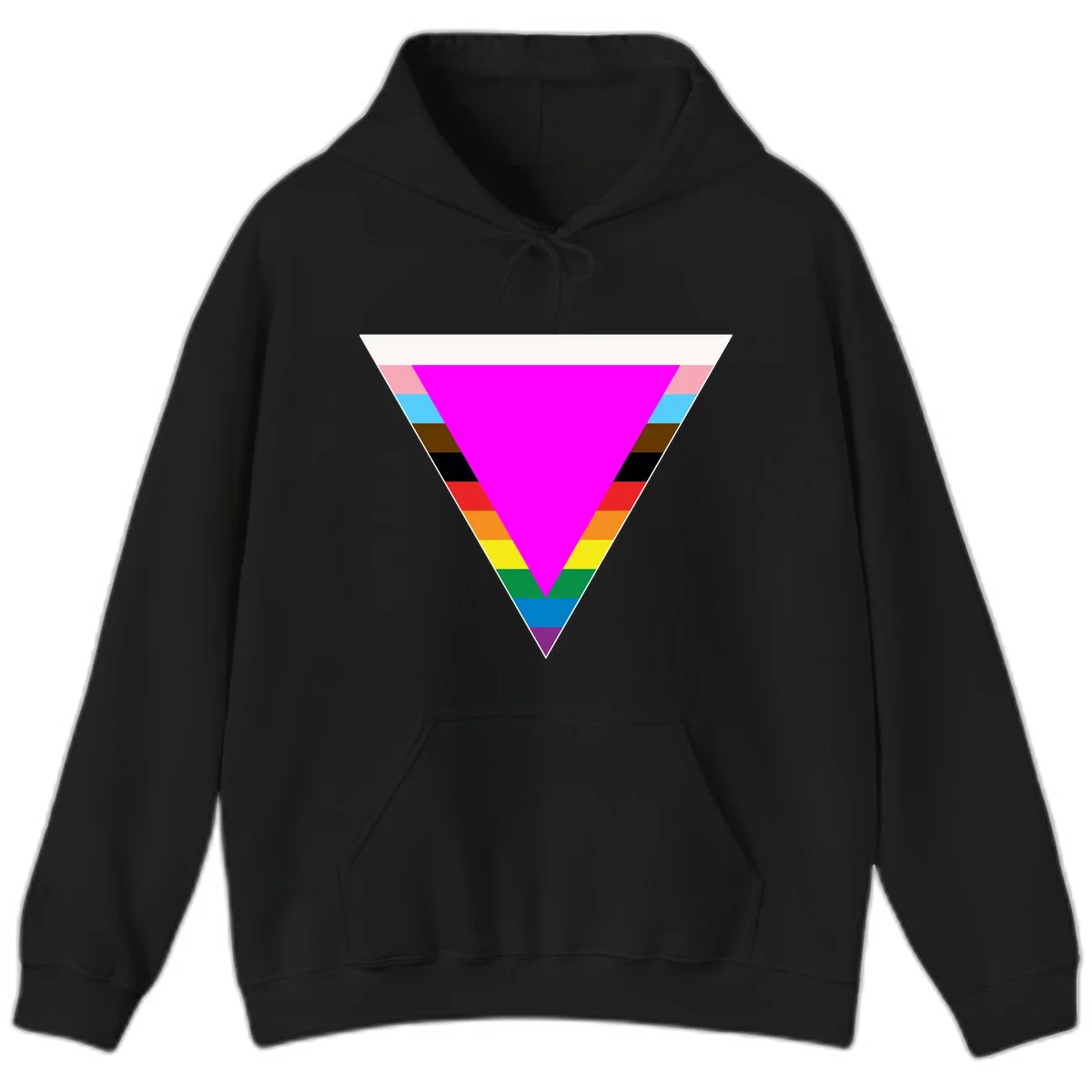 Rainbow pride triangle design featuring a large magenta inverted triangle surrounded by horizontal stripes in pride flag colors in Black