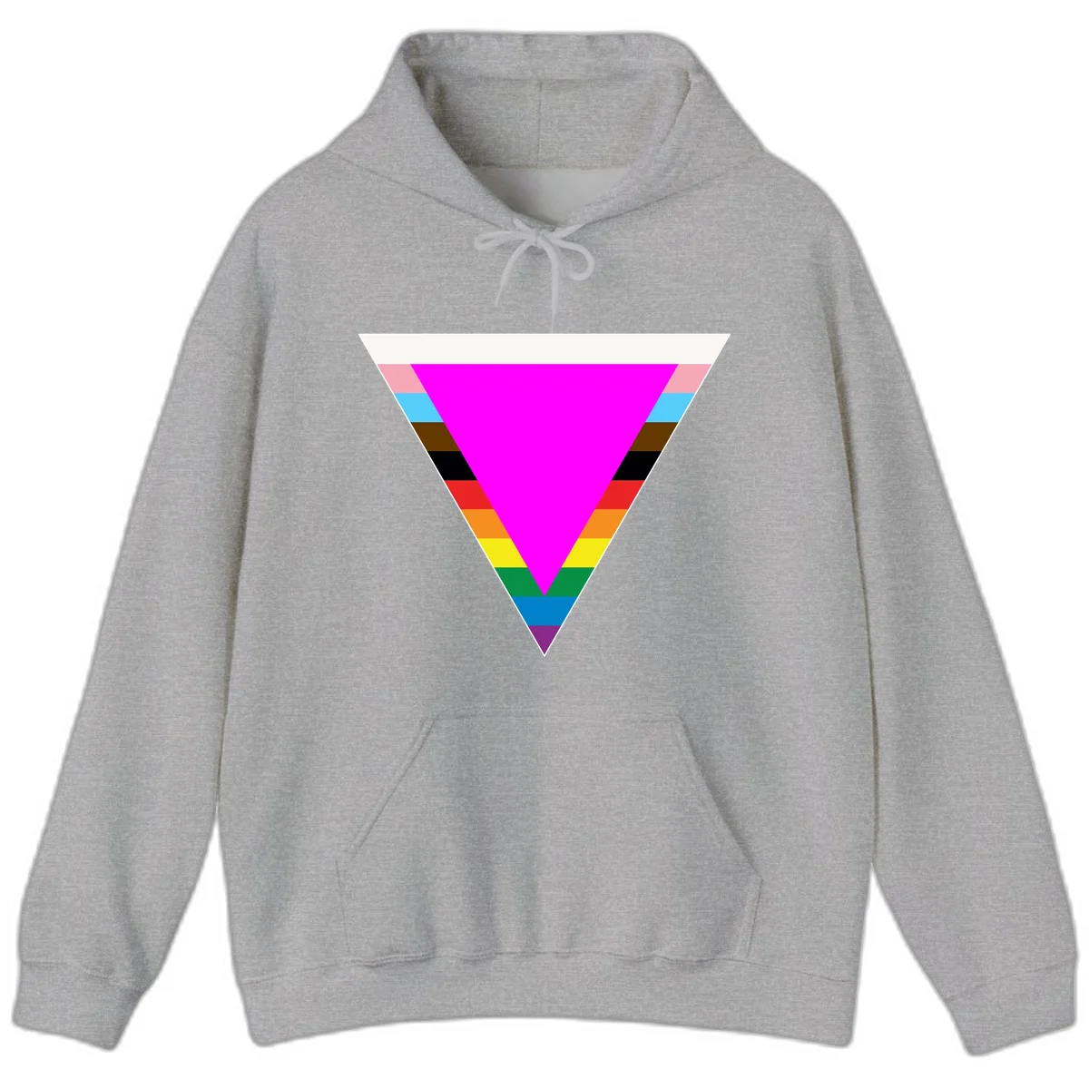 Rainbow pride triangle design featuring a large magenta inverted triangle surrounded by horizontal stripes in pride flag colors in Sport Grey
