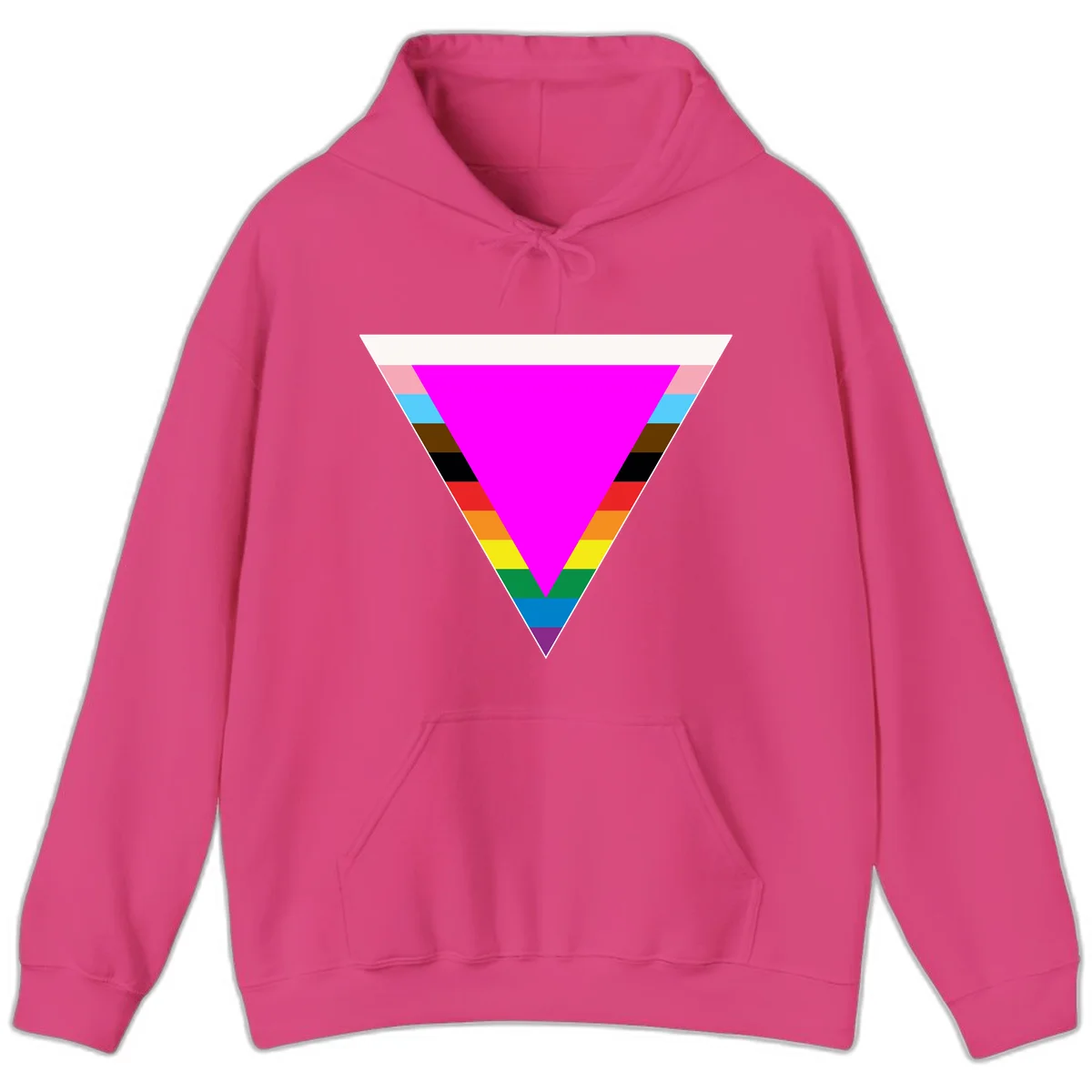 Rainbow pride triangle design featuring a large magenta inverted triangle surrounded by horizontal stripes in pride flag colors in Heliconia