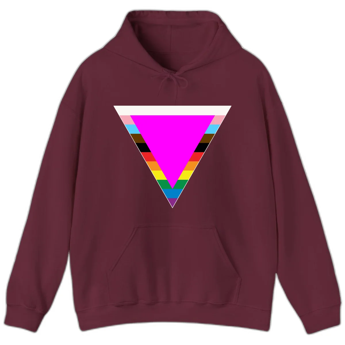 Rainbow pride triangle design featuring a large magenta inverted triangle surrounded by horizontal stripes in pride flag colors in Maroon