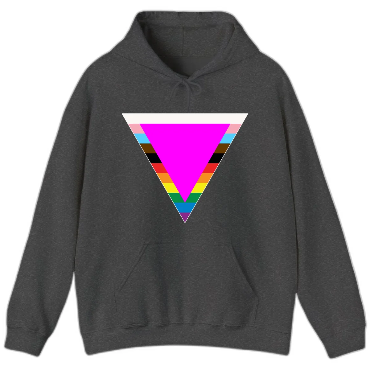Rainbow pride triangle design featuring a large magenta inverted triangle surrounded by horizontal stripes in pride flag colors in Dark Heather
