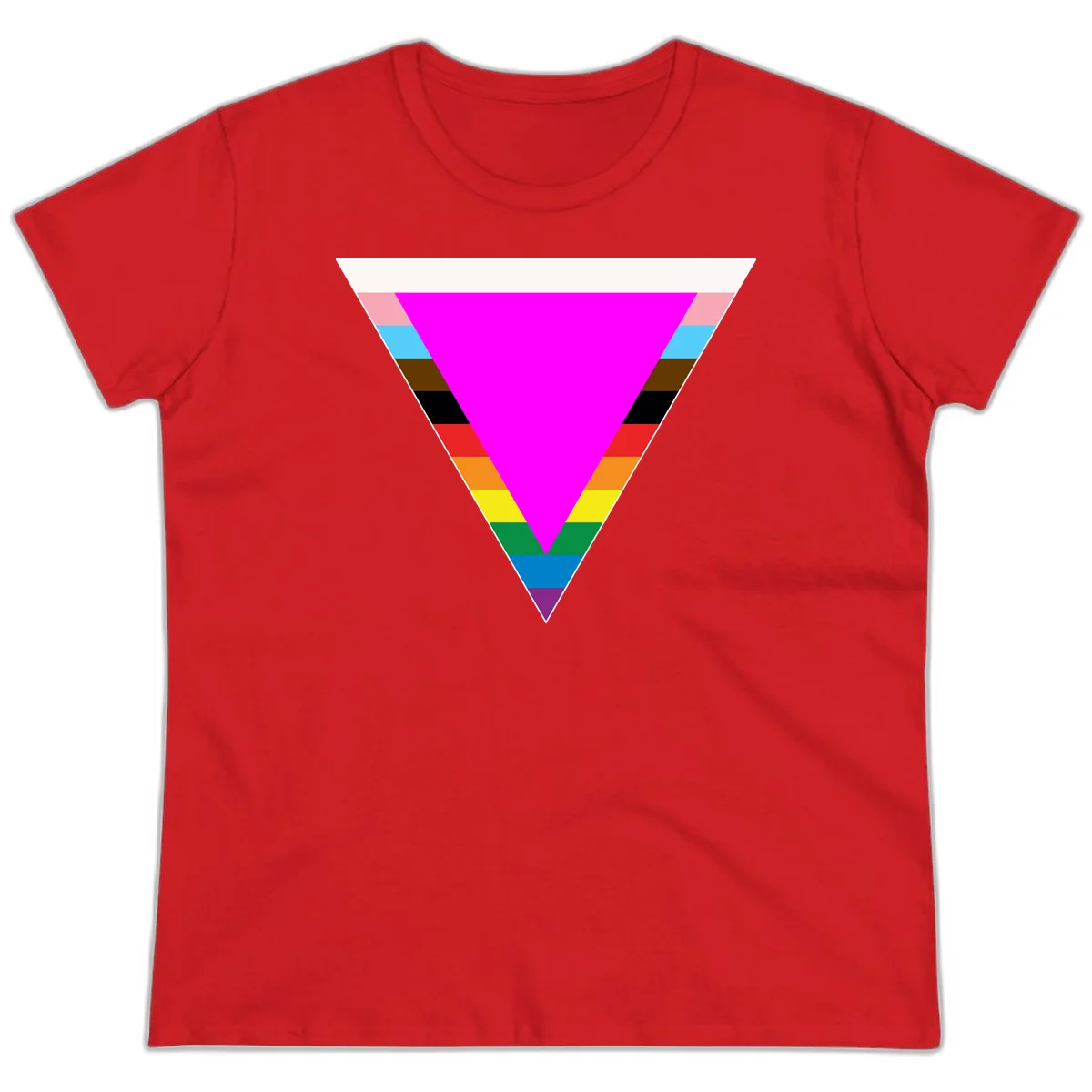 Rainbow pride triangle design featuring a large magenta inverted triangle surrounded by horizontal stripes in pride flag colors in Red