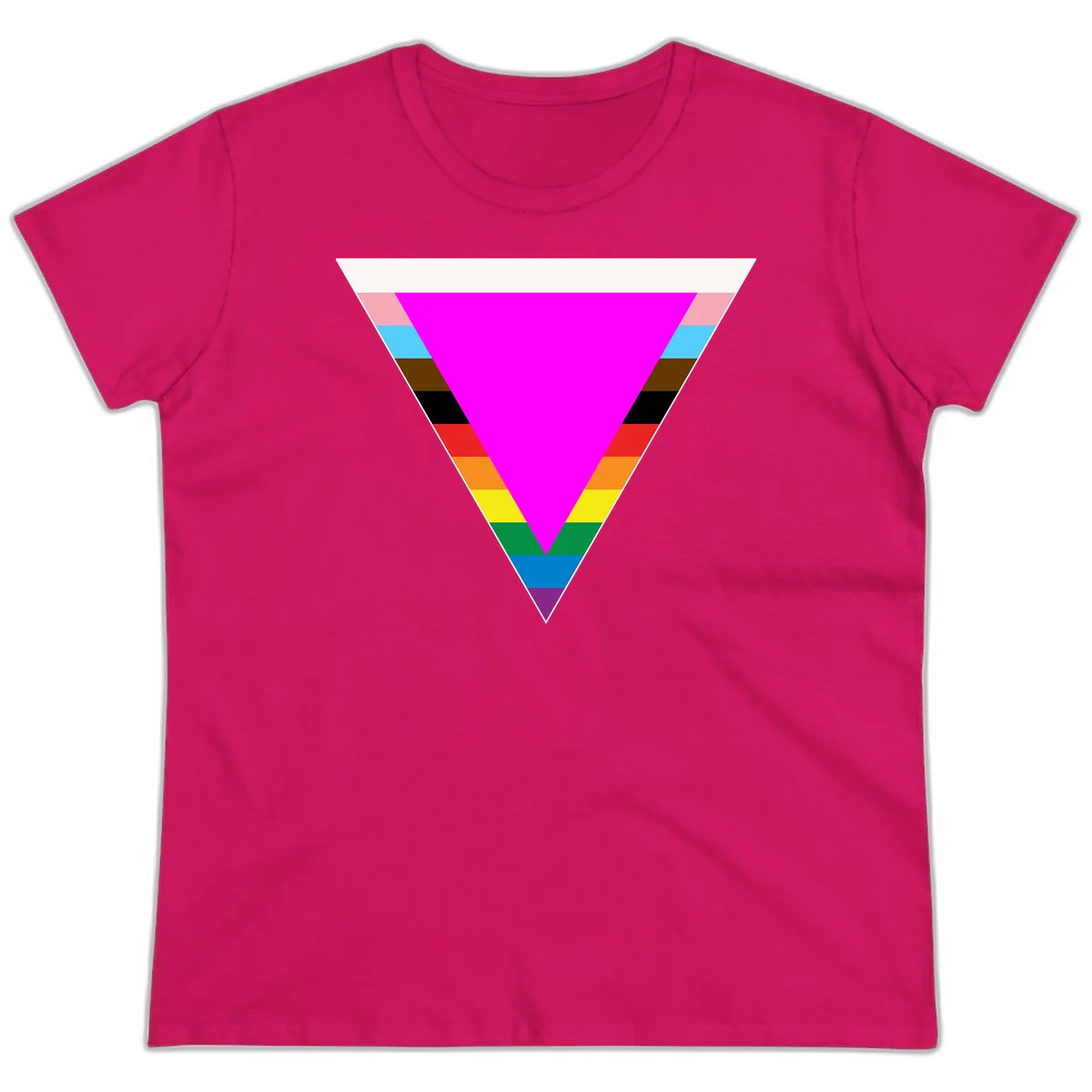 Rainbow pride triangle design featuring a large magenta inverted triangle surrounded by horizontal stripes in pride flag colors in Heliconia