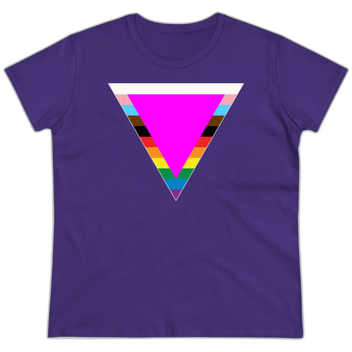 Rainbow pride triangle design featuring a large magenta inverted triangle surrounded by horizontal stripes in pride flag colors in Purple