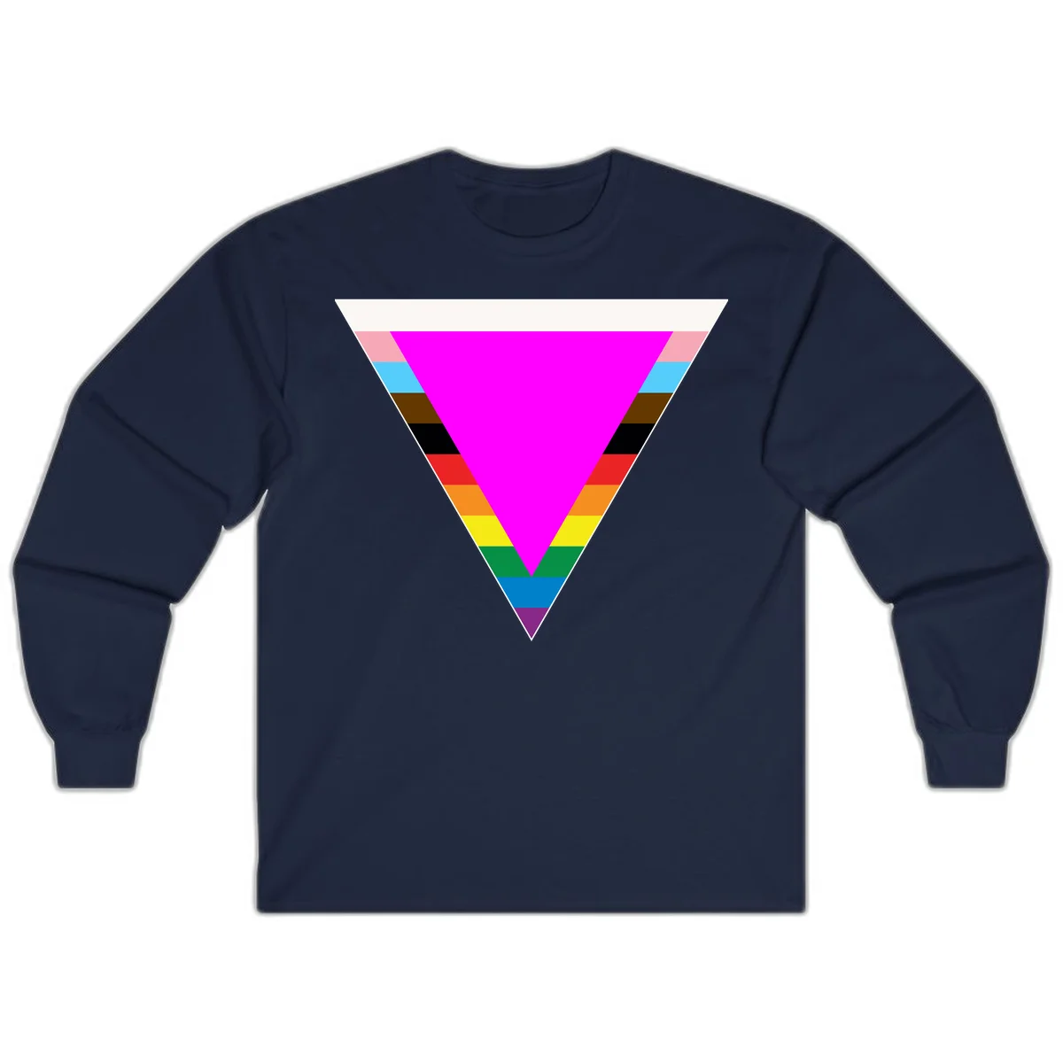 Rainbow pride triangle design featuring a large magenta inverted triangle surrounded by horizontal stripes in pride flag colors in Navy