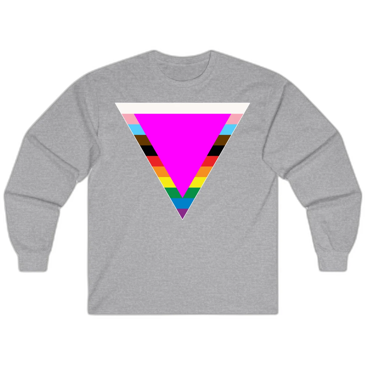 Rainbow pride triangle design featuring a large magenta inverted triangle surrounded by horizontal stripes in pride flag colors in Sport Grey
