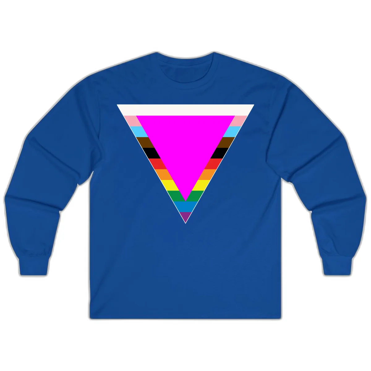 Rainbow pride triangle design featuring a large magenta inverted triangle surrounded by horizontal stripes in pride flag colors in Royal