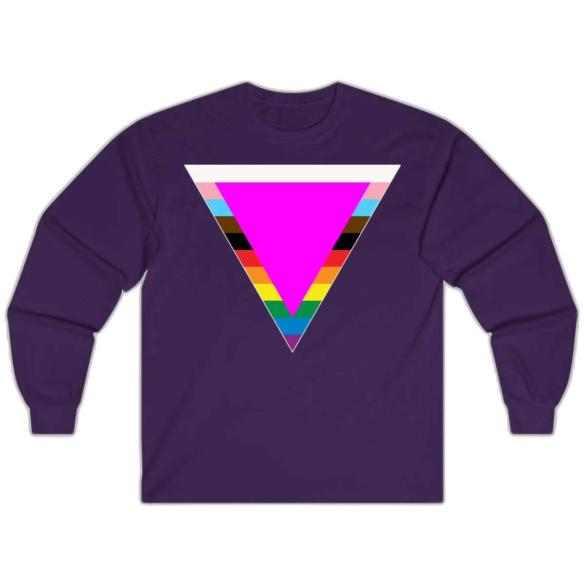 Rainbow pride triangle design featuring a large magenta inverted triangle surrounded by horizontal stripes in pride flag colors in Purple