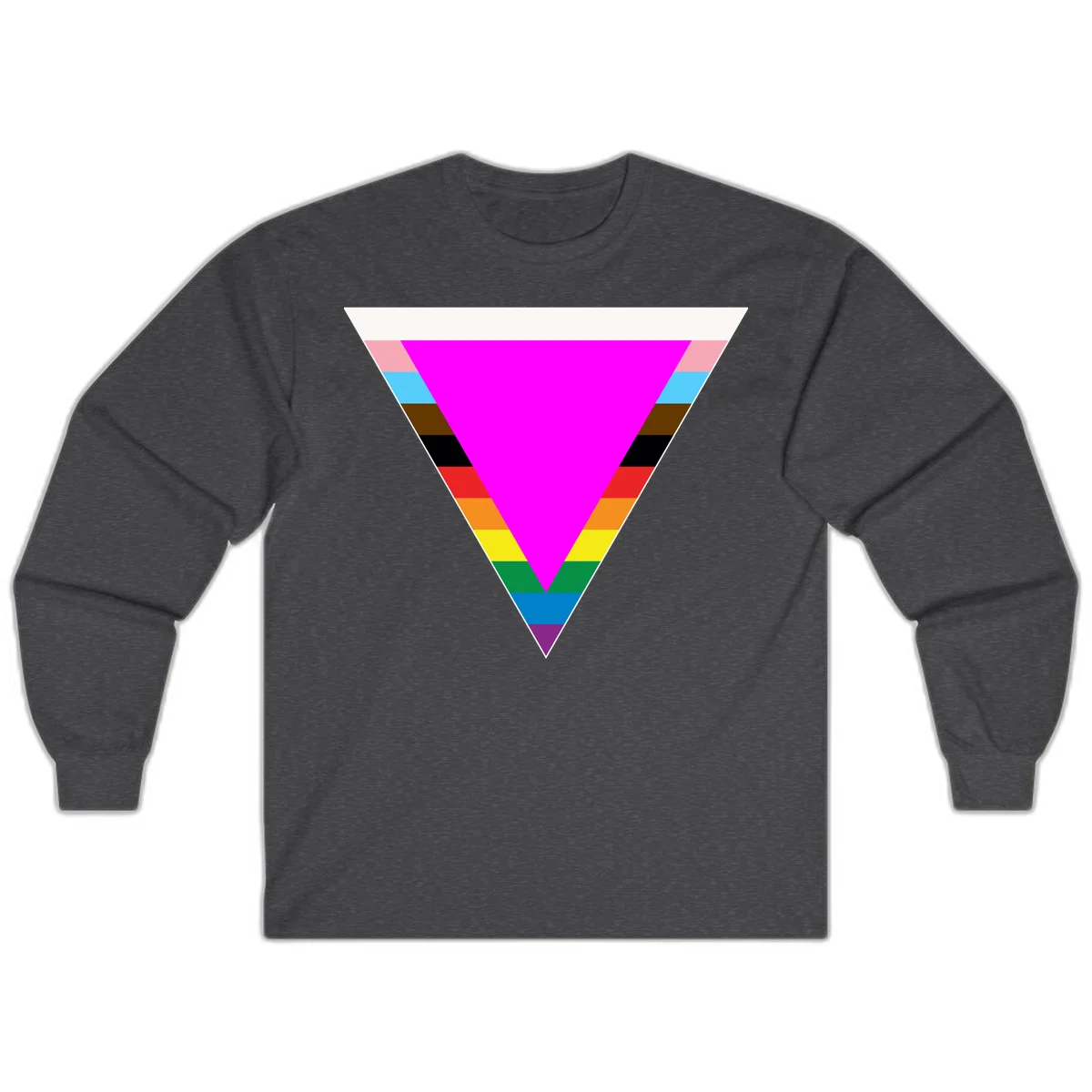 Rainbow pride triangle design featuring a large magenta inverted triangle surrounded by horizontal stripes in pride flag colors in Dark Heather
