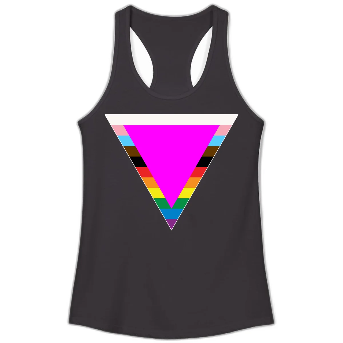 Rainbow pride triangle design featuring a large magenta inverted triangle surrounded by horizontal stripes in pride flag colors in Black