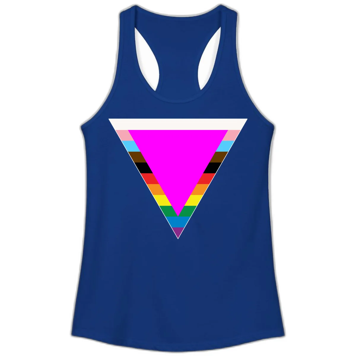 Rainbow pride triangle design featuring a large magenta inverted triangle surrounded by horizontal stripes in pride flag colors in Solid Royal
