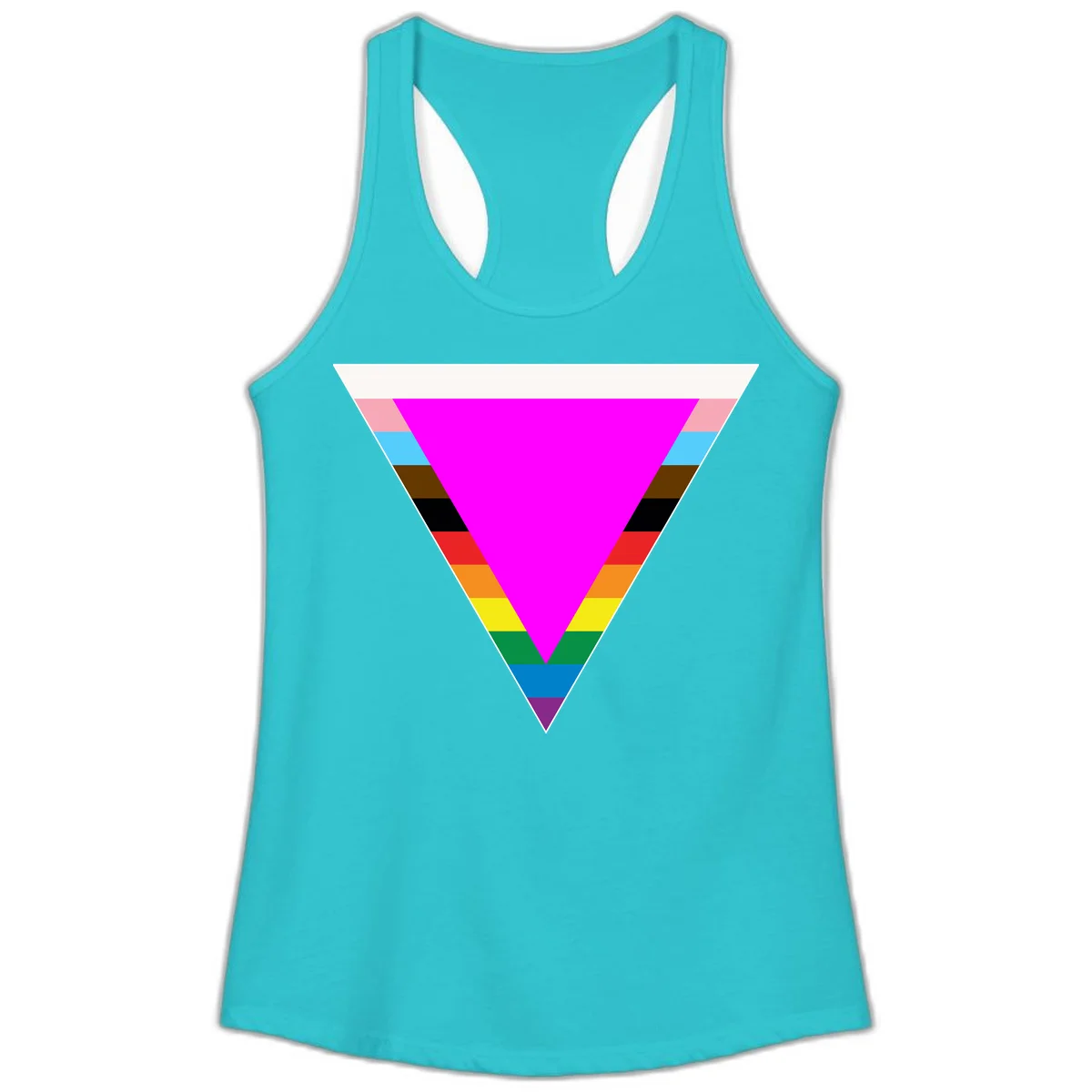 Rainbow pride triangle design featuring a large magenta inverted triangle surrounded by horizontal stripes in pride flag colors in Solid Tahiti Blue