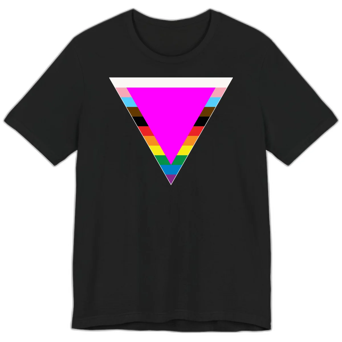 Rainbow pride triangle design featuring a large magenta inverted triangle surrounded by horizontal stripes in pride flag colors in Black