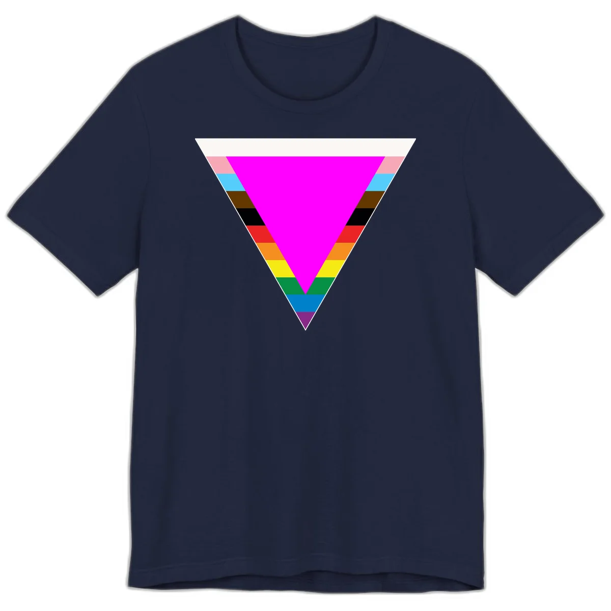 Rainbow pride triangle design featuring a large magenta inverted triangle surrounded by horizontal stripes in pride flag colors in Navy