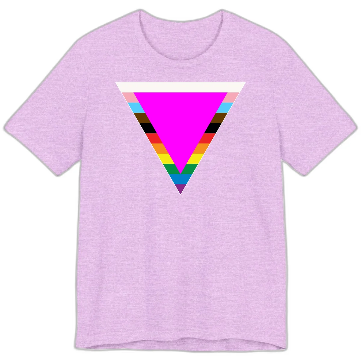Rainbow pride triangle design featuring a large magenta inverted triangle surrounded by horizontal stripes in pride flag colors in Heather Prism Lilac