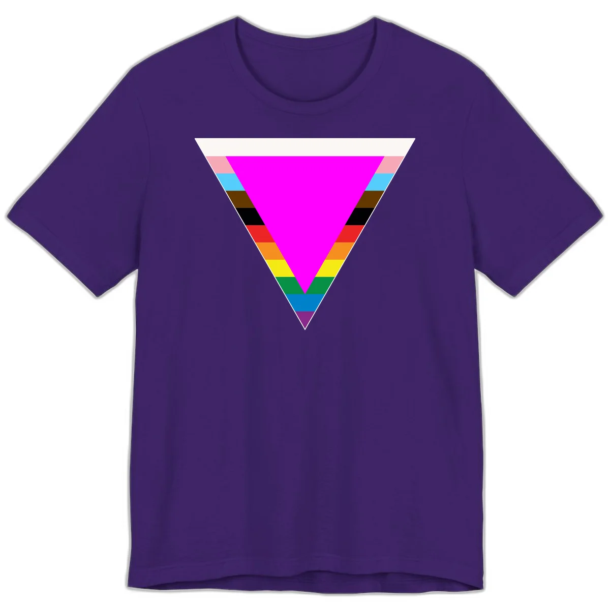 Rainbow pride triangle design featuring a large magenta inverted triangle surrounded by horizontal stripes in pride flag colors in Team Purple