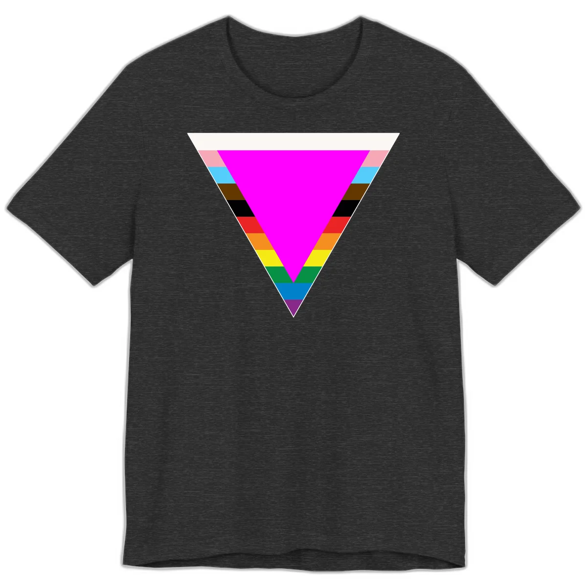 Rainbow pride triangle design featuring a large magenta inverted triangle surrounded by horizontal stripes in pride flag colors in Dark Grey Heather
