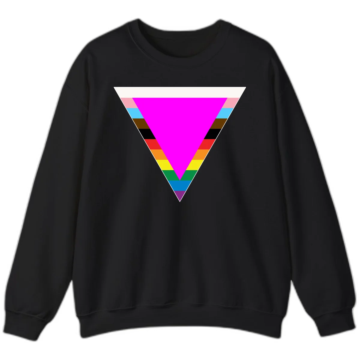 Rainbow pride triangle design featuring a large magenta inverted triangle surrounded by horizontal stripes in pride flag colors in Black
