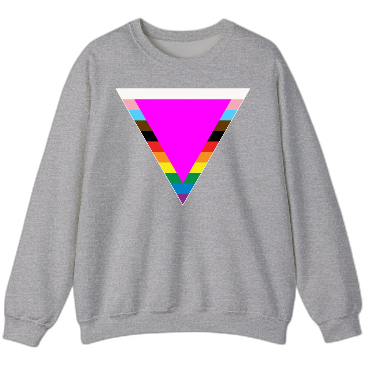 Rainbow pride triangle design featuring a large magenta inverted triangle surrounded by horizontal stripes in pride flag colors in Sport Grey