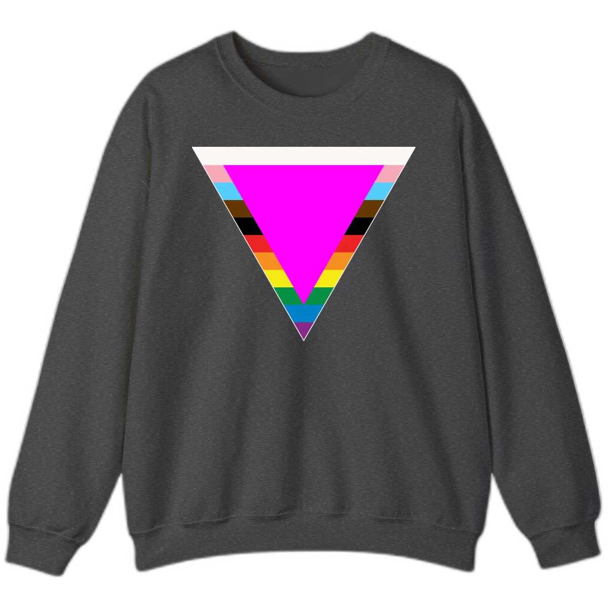 Rainbow pride triangle design featuring a large magenta inverted triangle surrounded by horizontal stripes in pride flag colors in Dark Heather