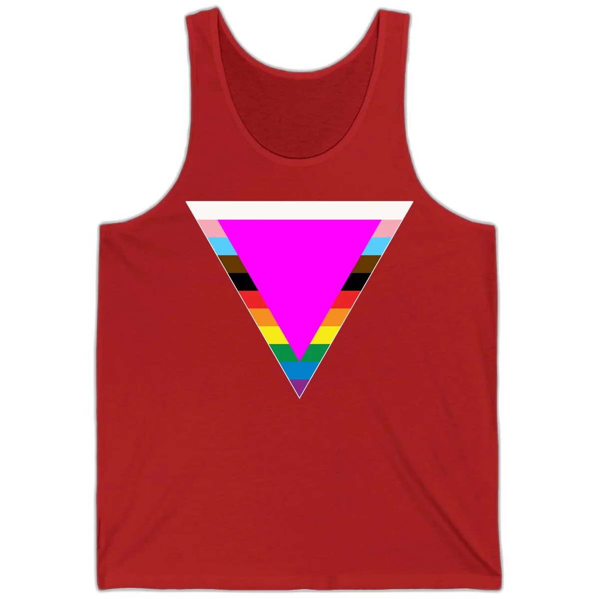 Rainbow pride triangle design featuring a large magenta inverted triangle surrounded by horizontal stripes in pride flag colors in Red