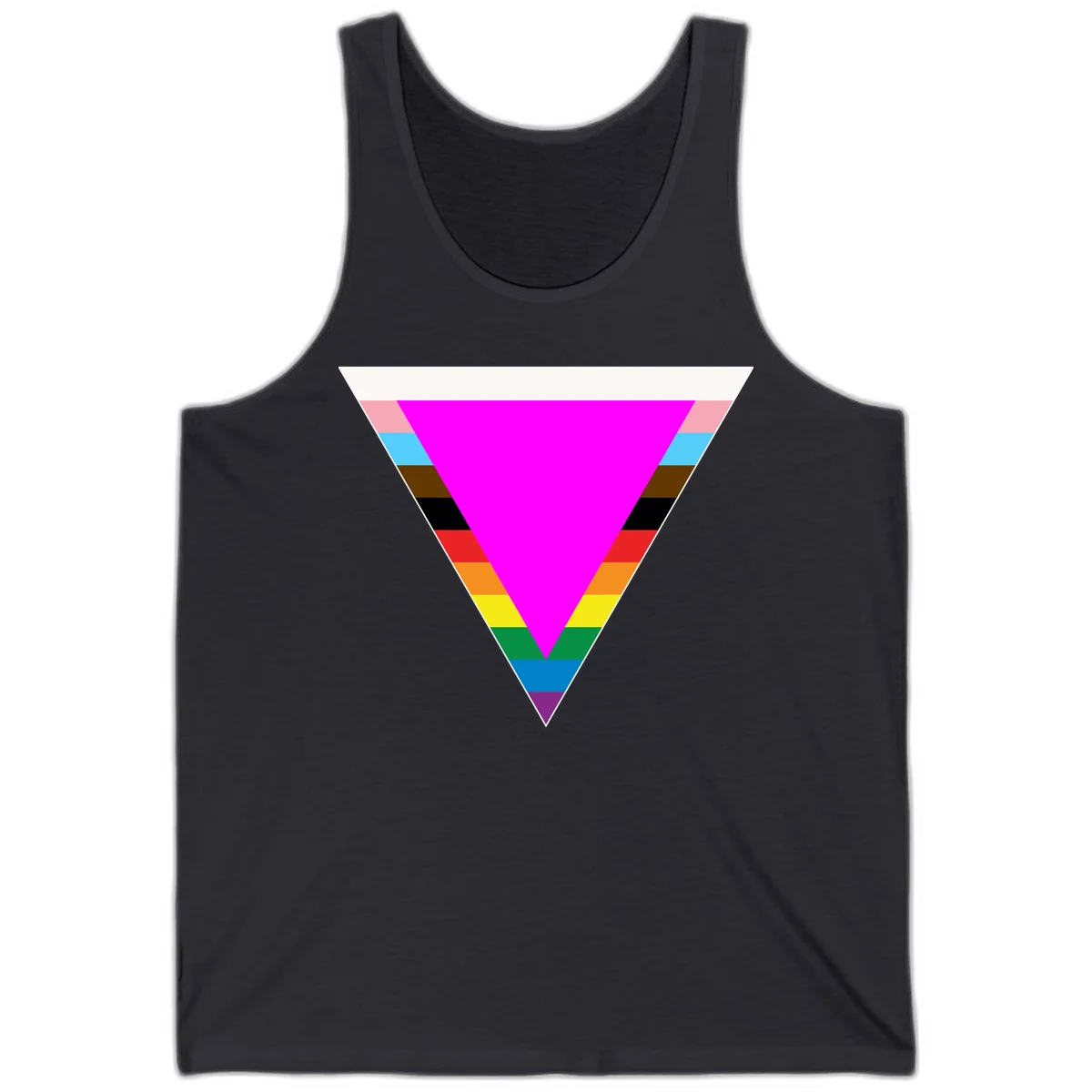 Rainbow pride triangle design featuring a large magenta inverted triangle surrounded by horizontal stripes in pride flag colors in Dark Grey