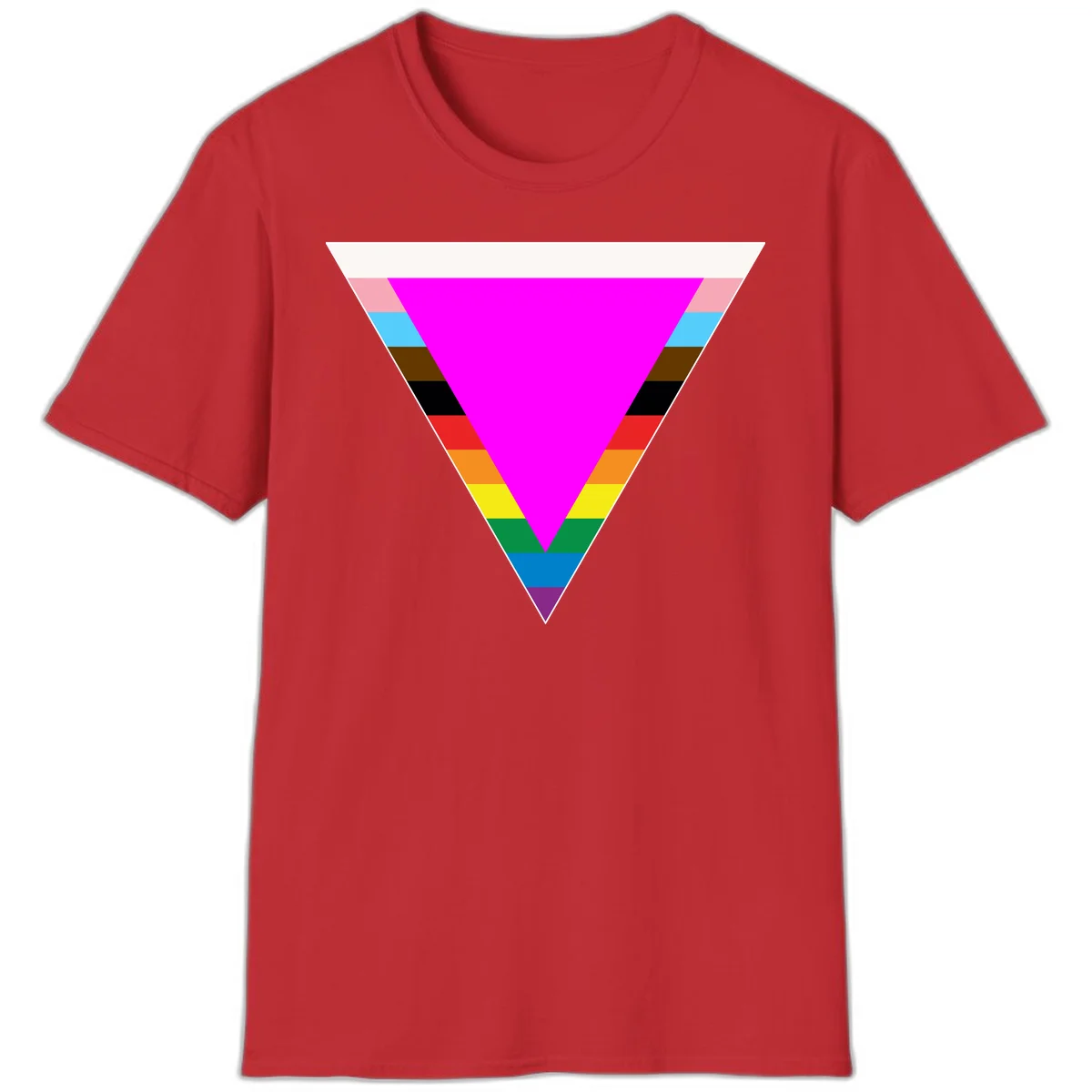 Rainbow pride triangle design featuring a large magenta inverted triangle surrounded by horizontal stripes in pride flag colors in Red