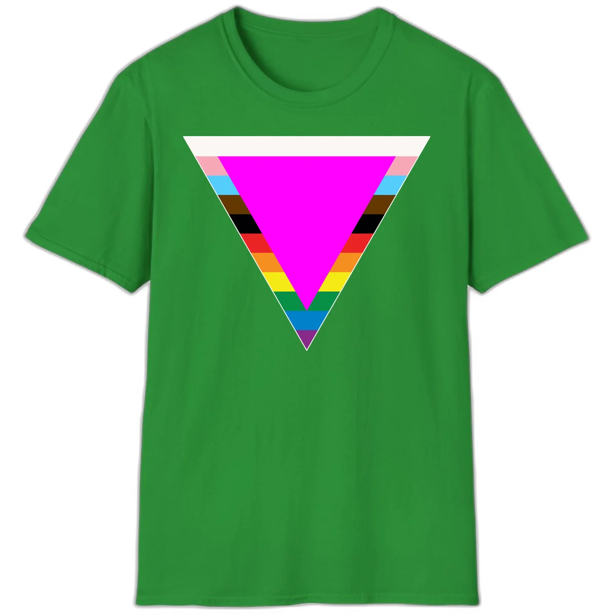 Rainbow pride triangle design featuring a large magenta inverted triangle surrounded by horizontal stripes in pride flag colors in Irish Green