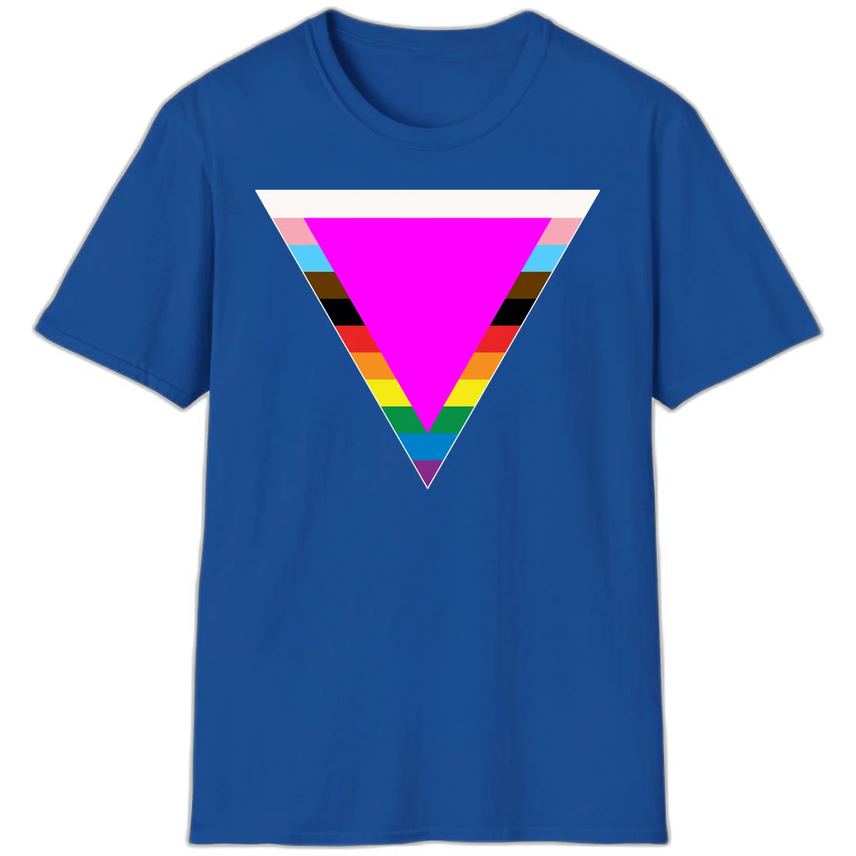Rainbow pride triangle design featuring a large magenta inverted triangle surrounded by horizontal stripes in pride flag colors in Royal