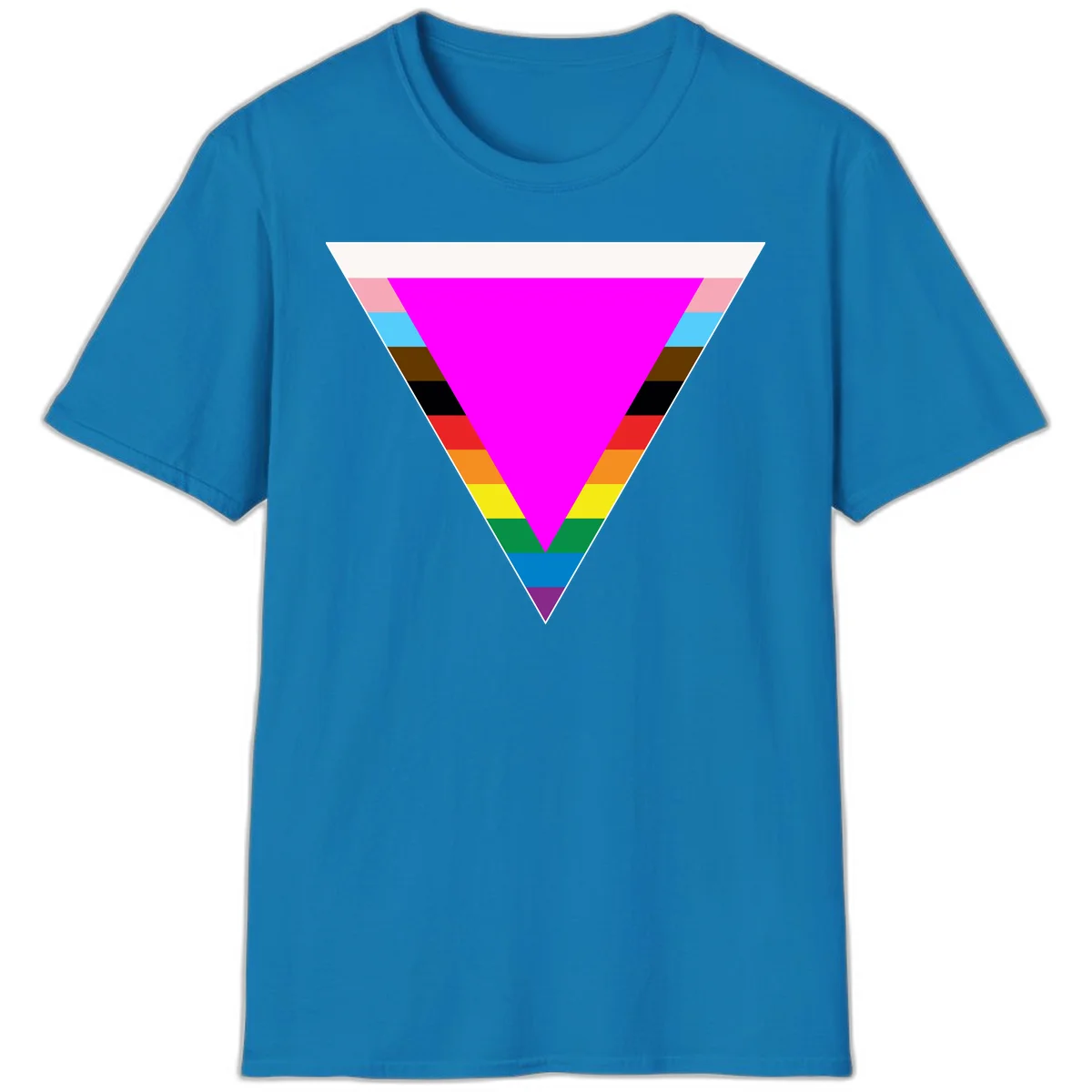 Rainbow pride triangle design featuring a large magenta inverted triangle surrounded by horizontal stripes in pride flag colors in Sapphire