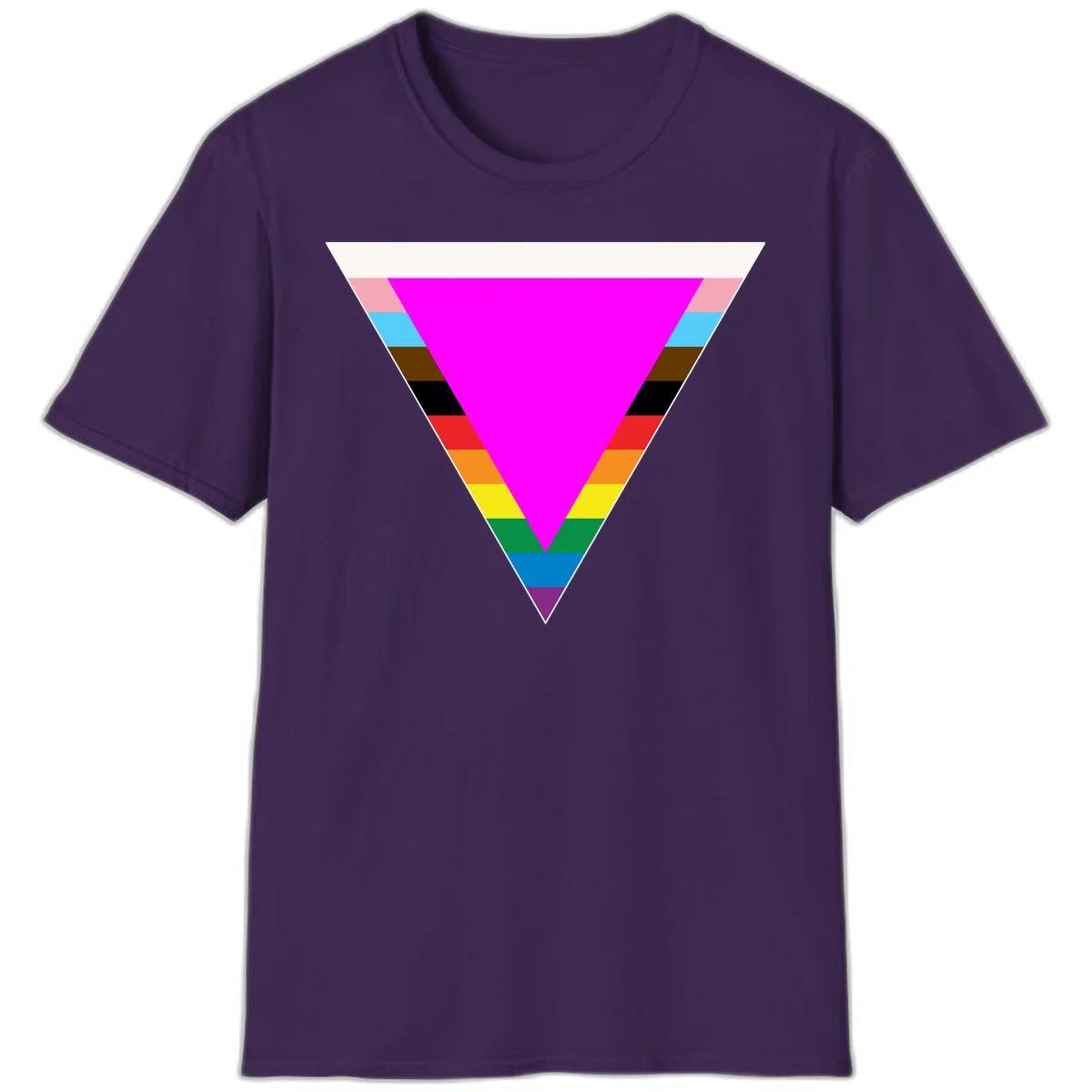 Rainbow pride triangle design featuring a large magenta inverted triangle surrounded by horizontal stripes in pride flag colors in Purple