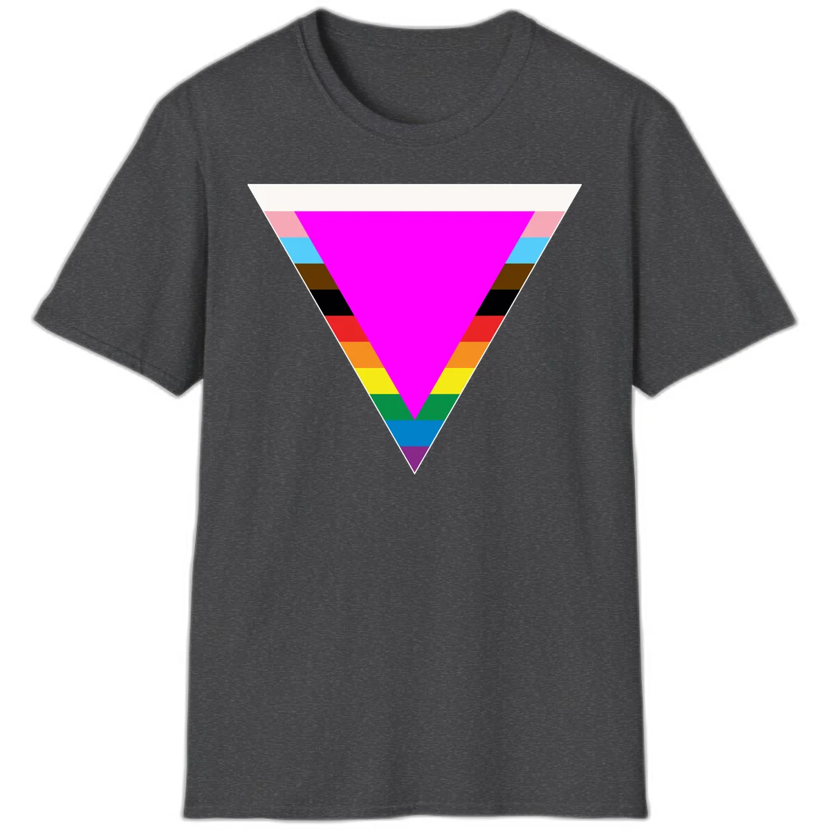 Rainbow pride triangle design featuring a large magenta inverted triangle surrounded by horizontal stripes in pride flag colors in Dark Heather
