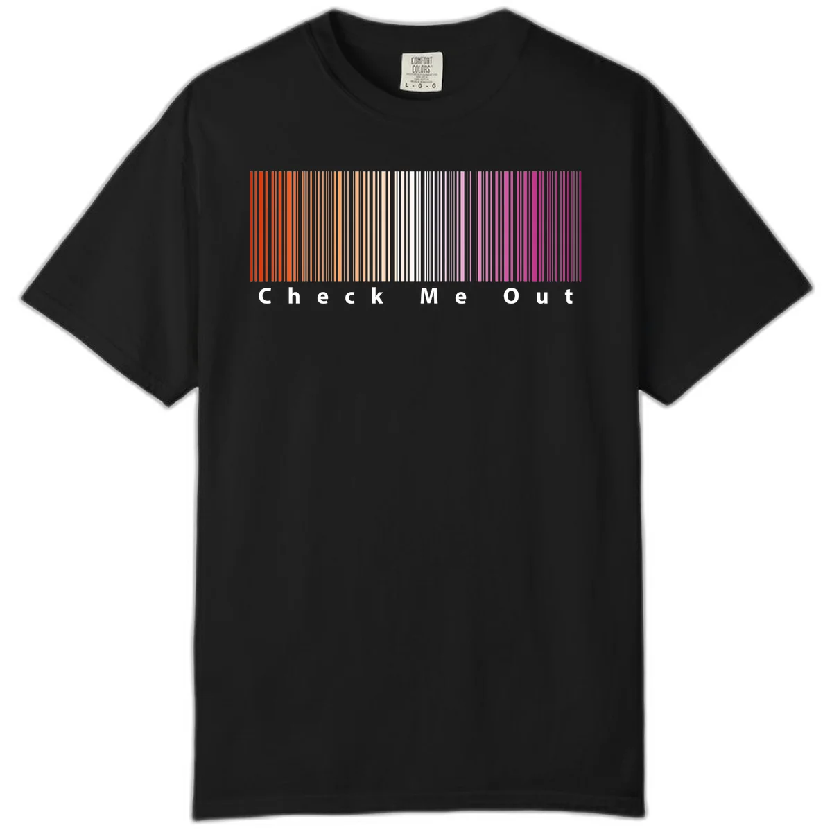 Check me out pride design with vertical rainbow gradient stripes transitioning from red to magenta with bold white text in Black