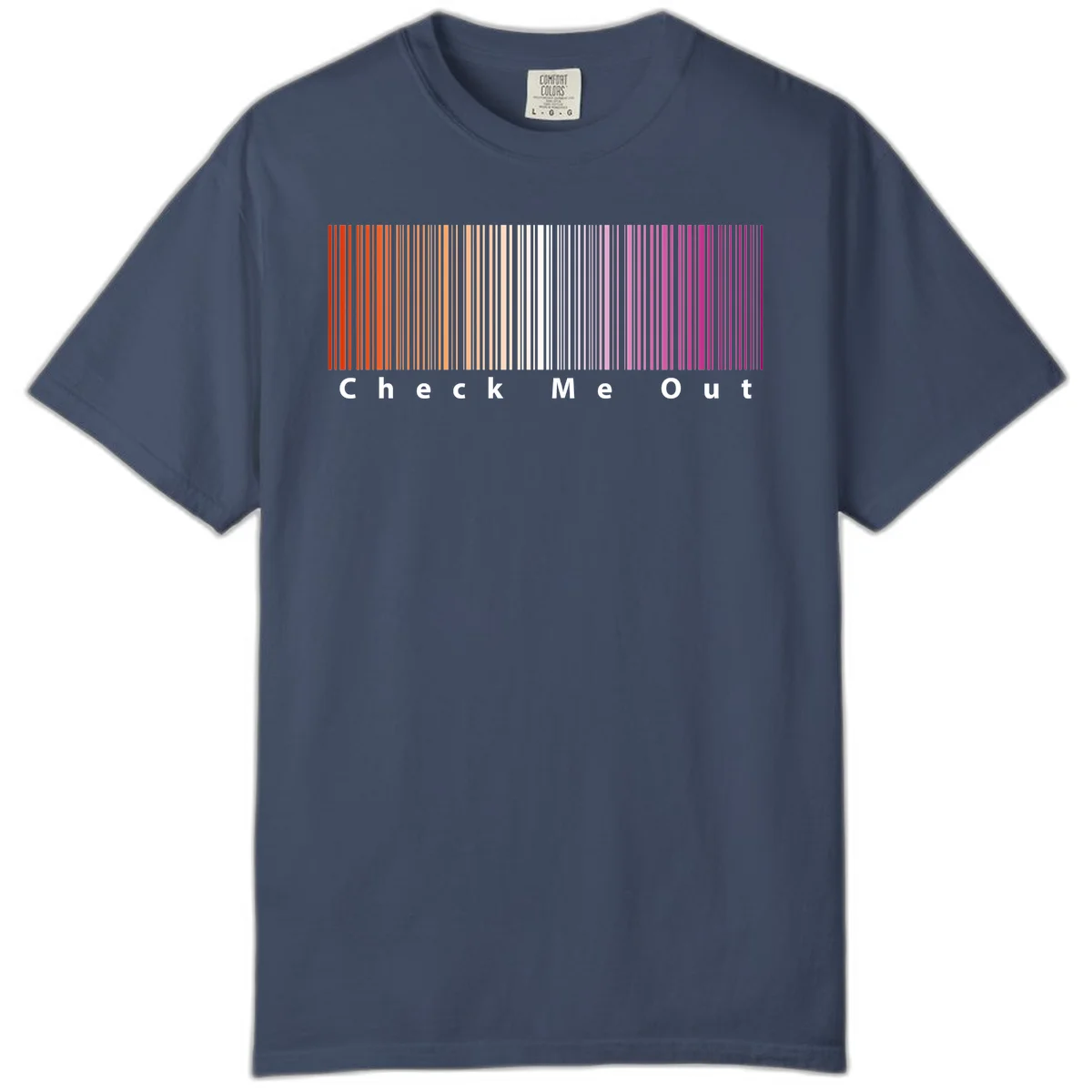 Check me out pride design with vertical rainbow gradient stripes transitioning from red to magenta with bold white text in Midnight