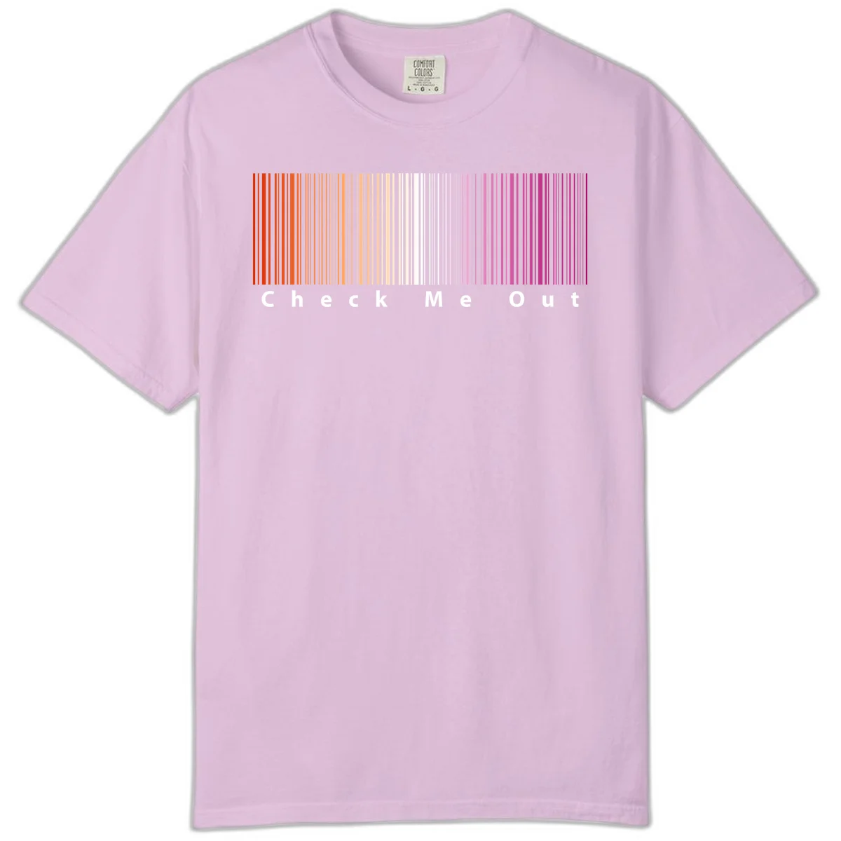 Check me out pride design with vertical rainbow gradient stripes transitioning from red to magenta with bold white text in Orchid