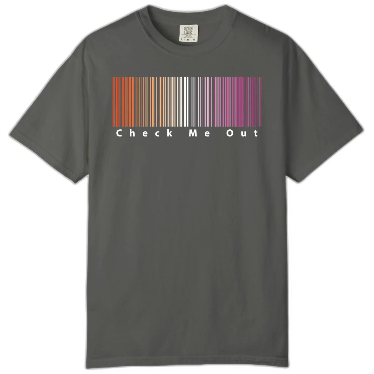 Check me out pride design with vertical rainbow gradient stripes transitioning from red to magenta with bold white text in Pepper