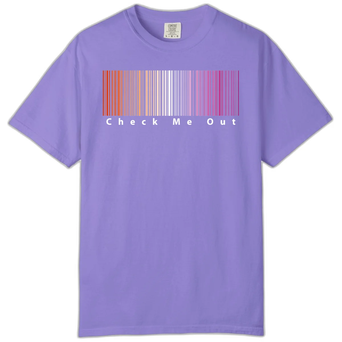 Check me out pride design with vertical rainbow gradient stripes transitioning from red to magenta with bold white text in Violet