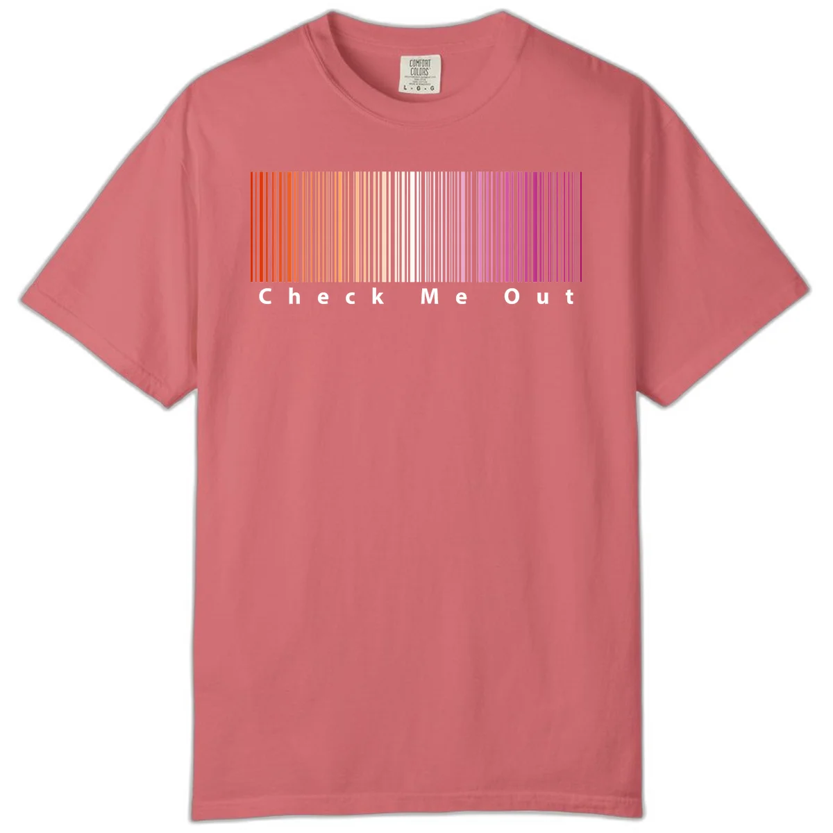 Check me out pride design with vertical rainbow gradient stripes transitioning from red to magenta with bold white text in Watermelon