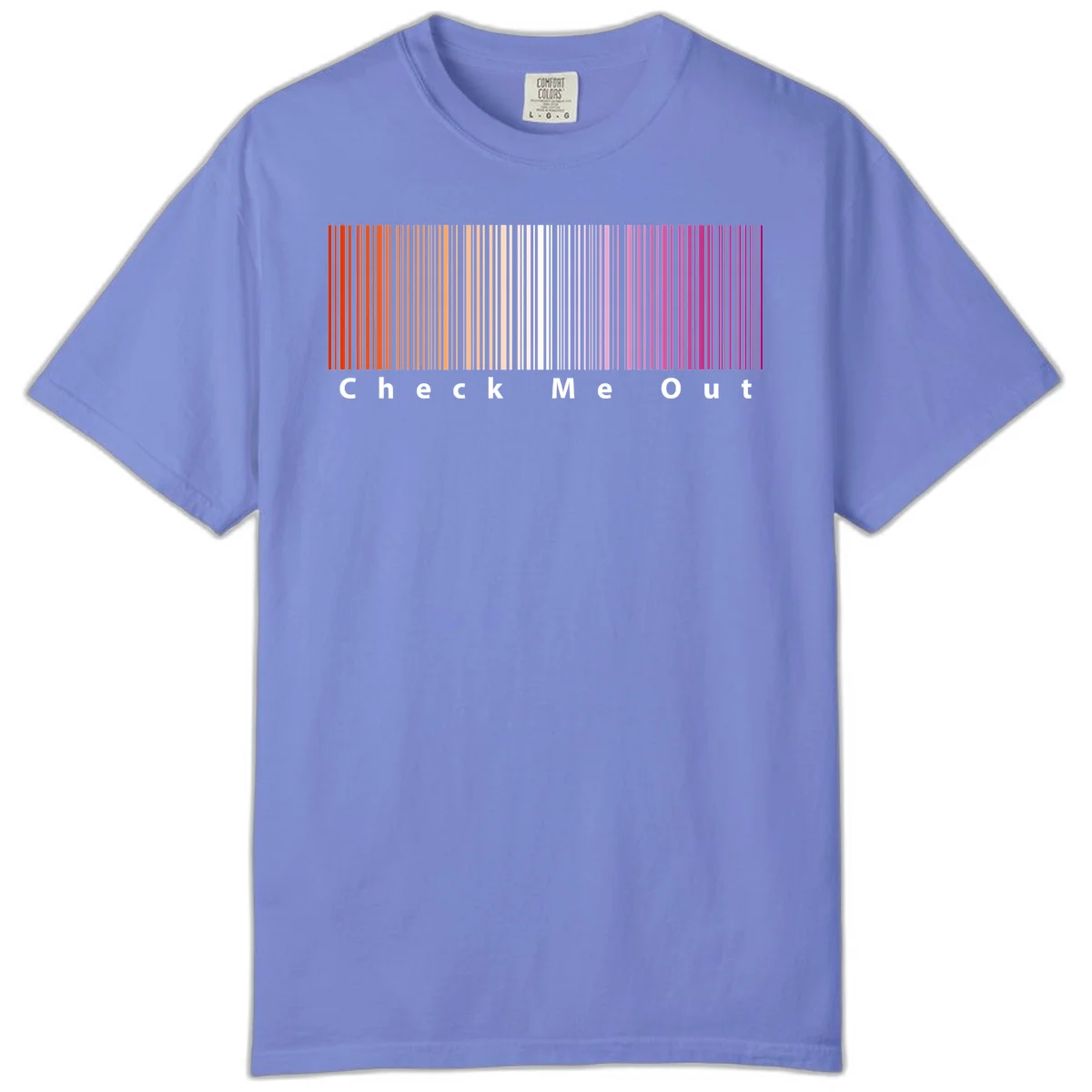 Check me out pride design with vertical rainbow gradient stripes transitioning from red to magenta with bold white text in Flo Blue