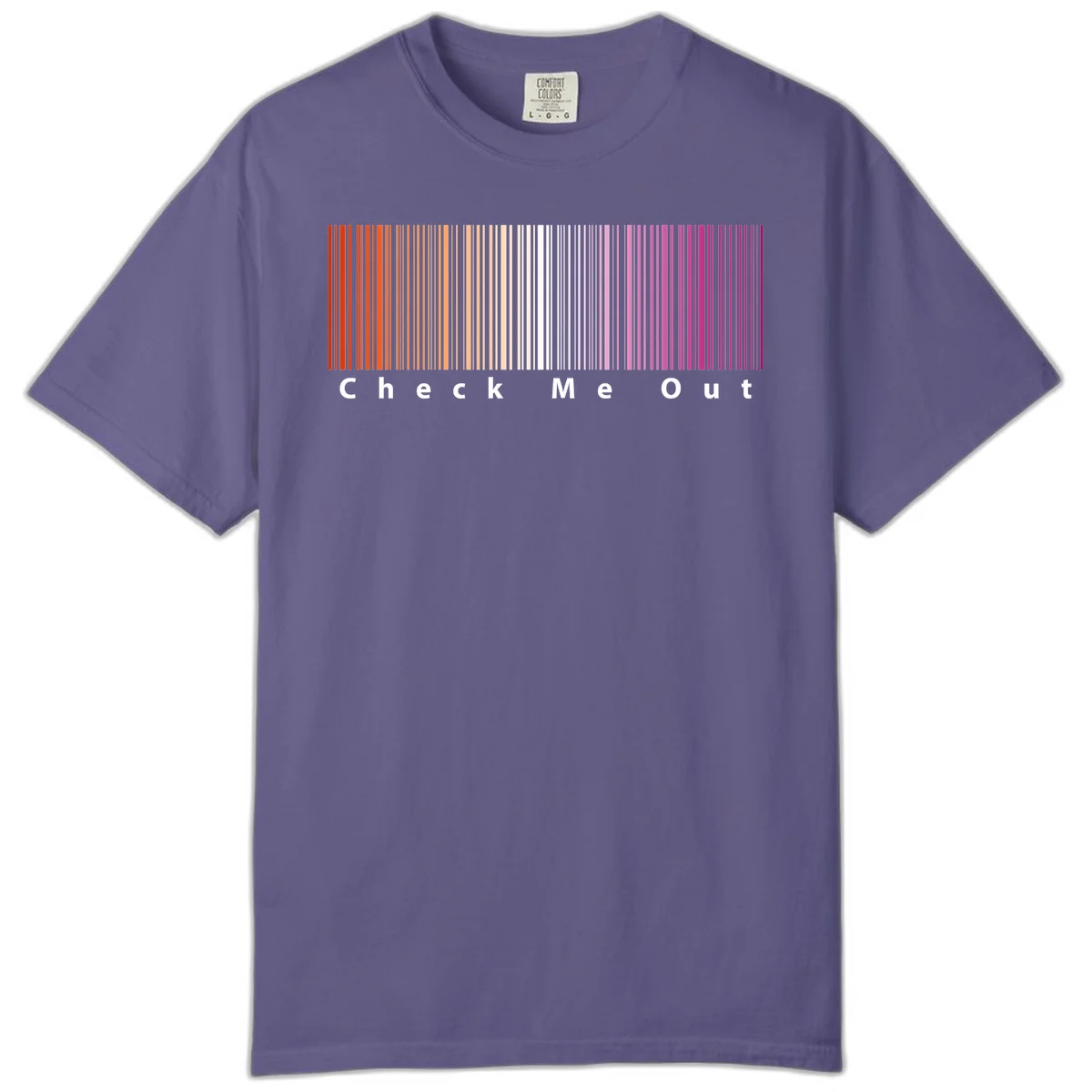Check me out pride design with vertical rainbow gradient stripes transitioning from red to magenta with bold white text in Grape