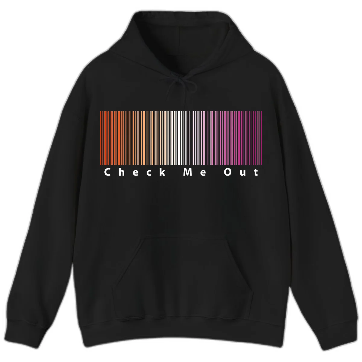 Check me out pride design with vertical rainbow gradient stripes transitioning from red to magenta with bold white text in Black