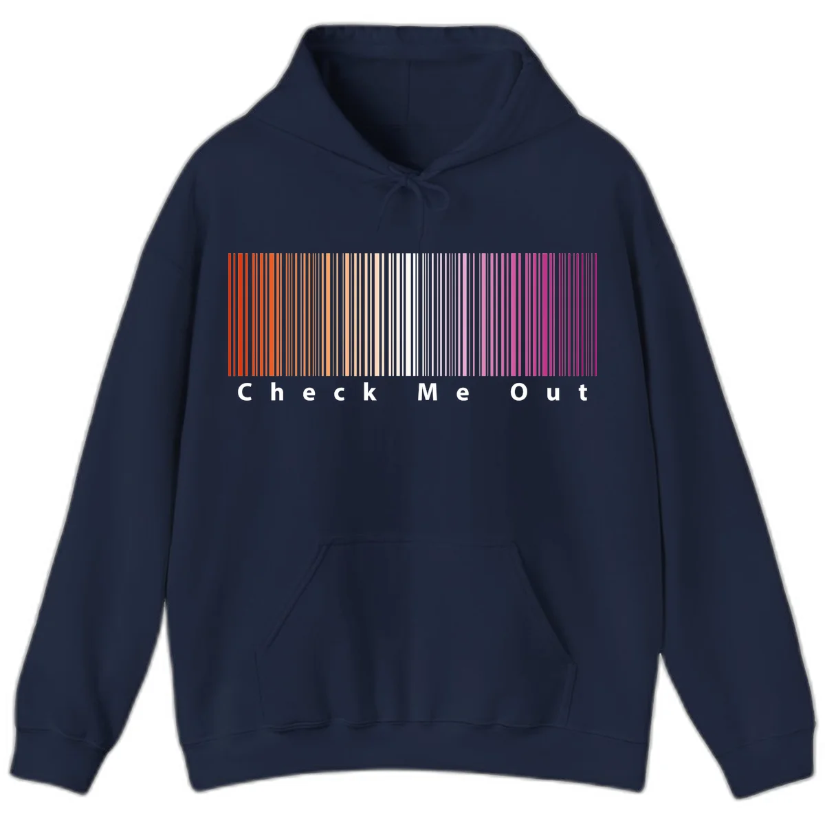 Check me out pride design with vertical rainbow gradient stripes transitioning from red to magenta with bold white text in Navy