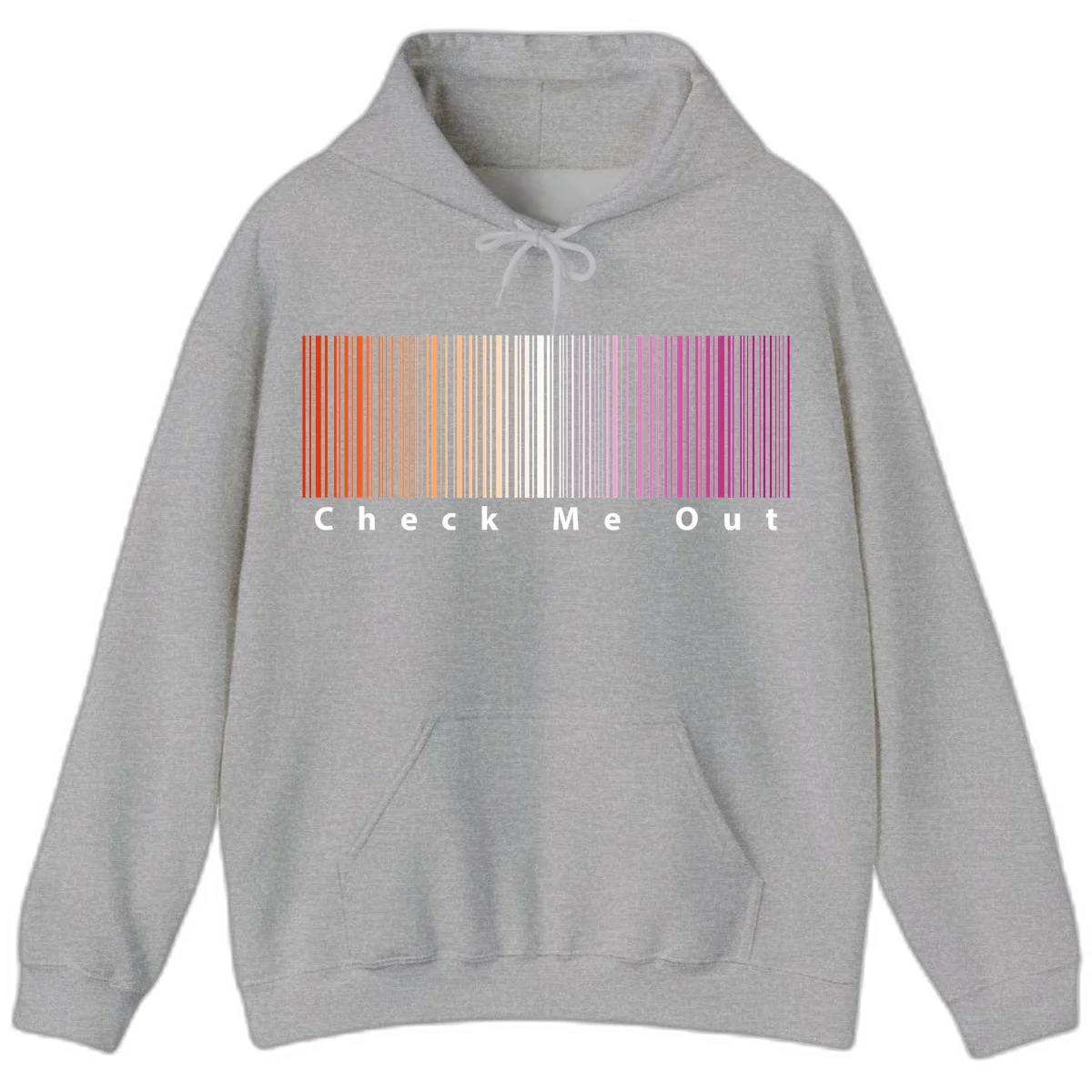 Check me out pride design with vertical rainbow gradient stripes transitioning from red to magenta with bold white text in Sport Grey