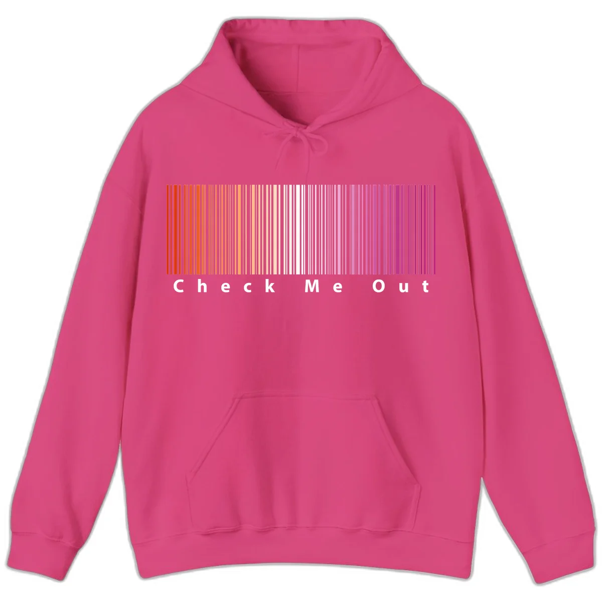 Check me out pride design with vertical rainbow gradient stripes transitioning from red to magenta with bold white text in Heliconia