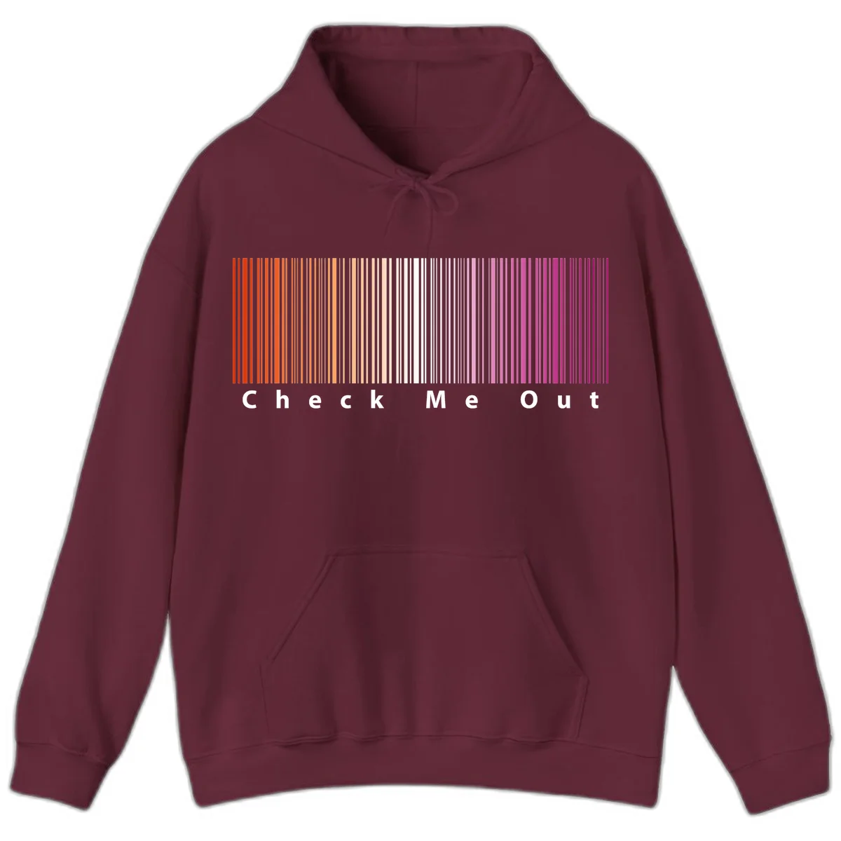 Check me out pride design with vertical rainbow gradient stripes transitioning from red to magenta with bold white text in Maroon