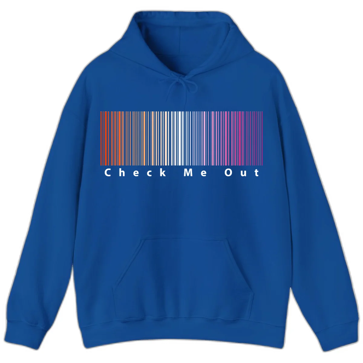 Check me out pride design with vertical rainbow gradient stripes transitioning from red to magenta with bold white text in Royal