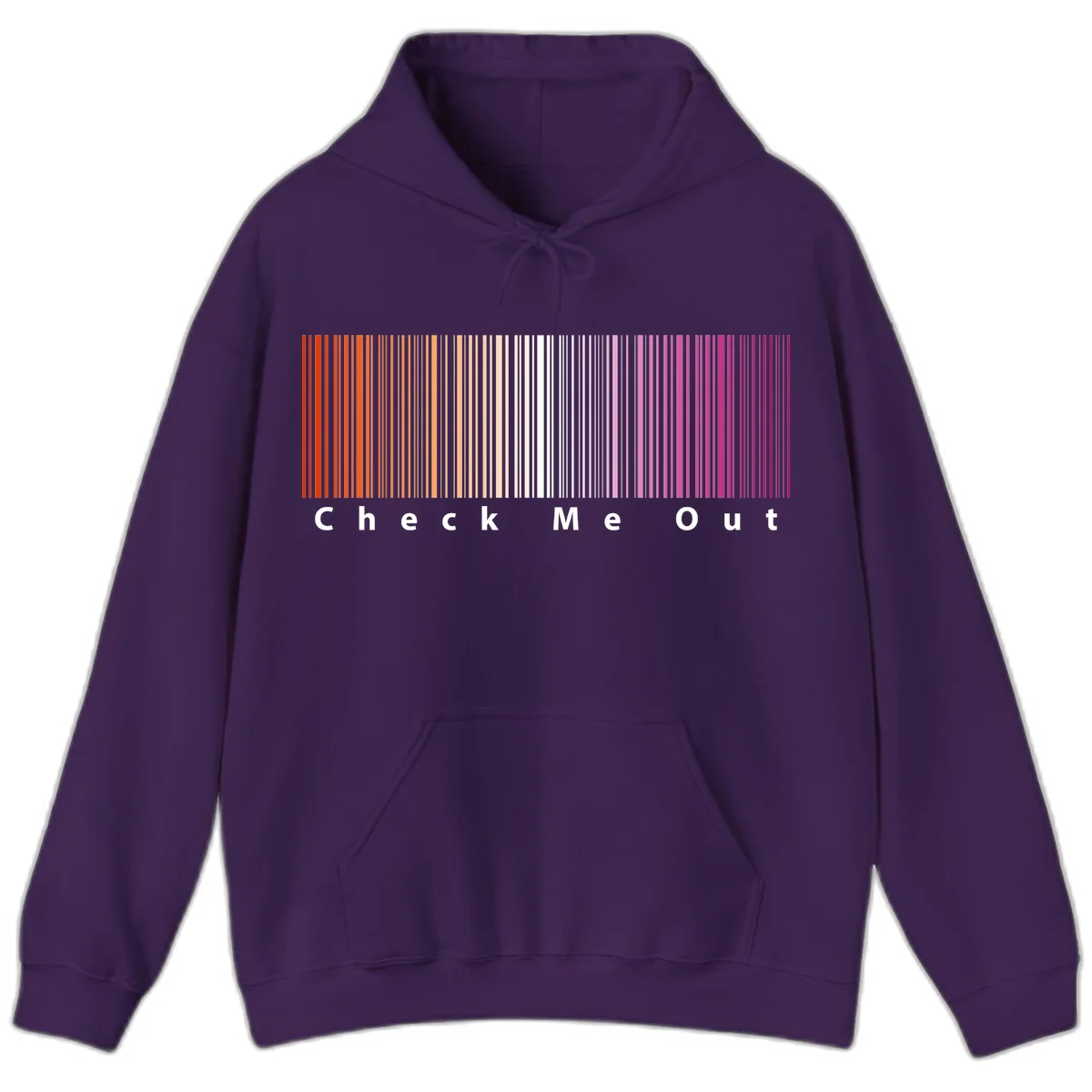 Check me out pride design with vertical rainbow gradient stripes transitioning from red to magenta with bold white text in Purple